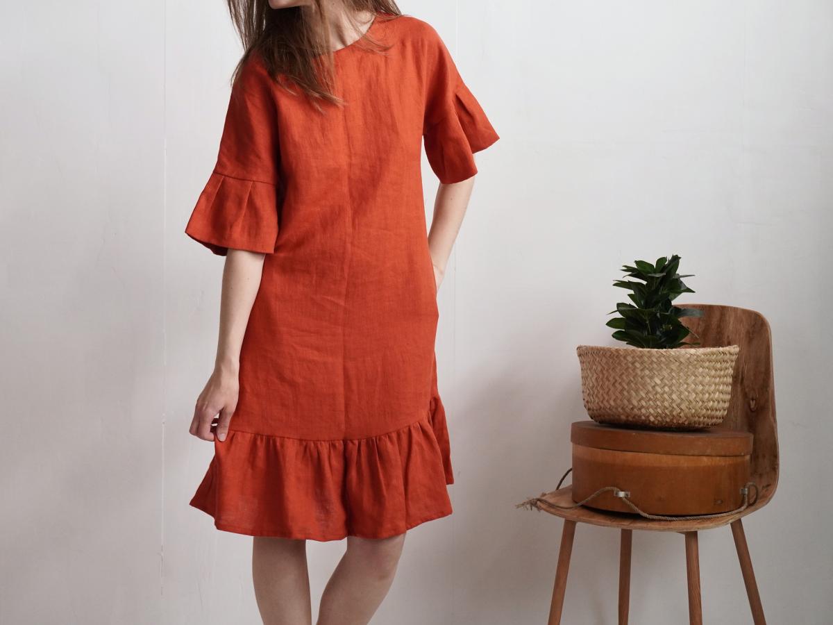 Robe rétro en lin à manches volantées SALADO