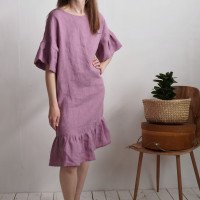 Robe rétro en lin à manches volantées SALADO