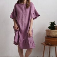 Robe rétro en lin à manches volantées SALADO
