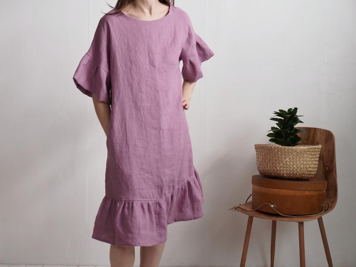 Robe rétro en lin à manches volantées SALADO