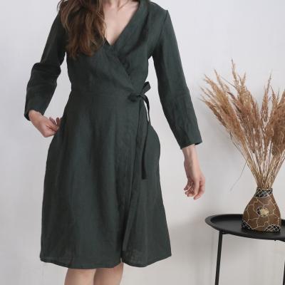 Robe midi portefeuille en lin à manches longues GAUJA