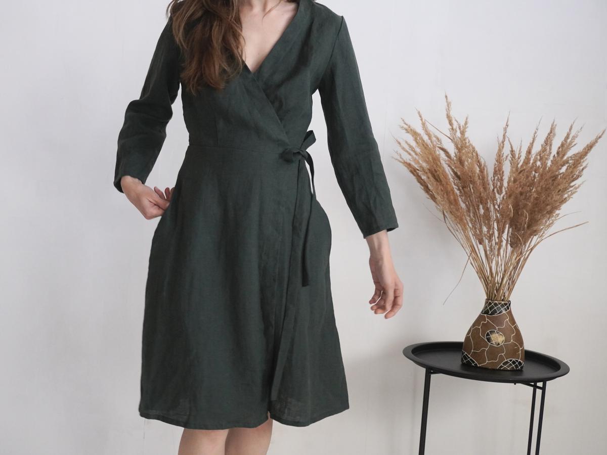 Robe midi portefeuille en lin à manches longues GAUJA