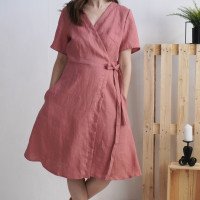 Robe de demoiselle d’honneur midi portefeuille en lin MISSOURI