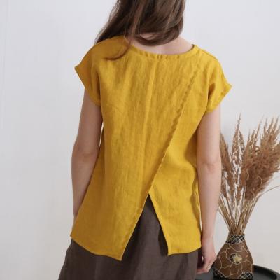 Linen short sleeve top, summer split back blouse - NENE