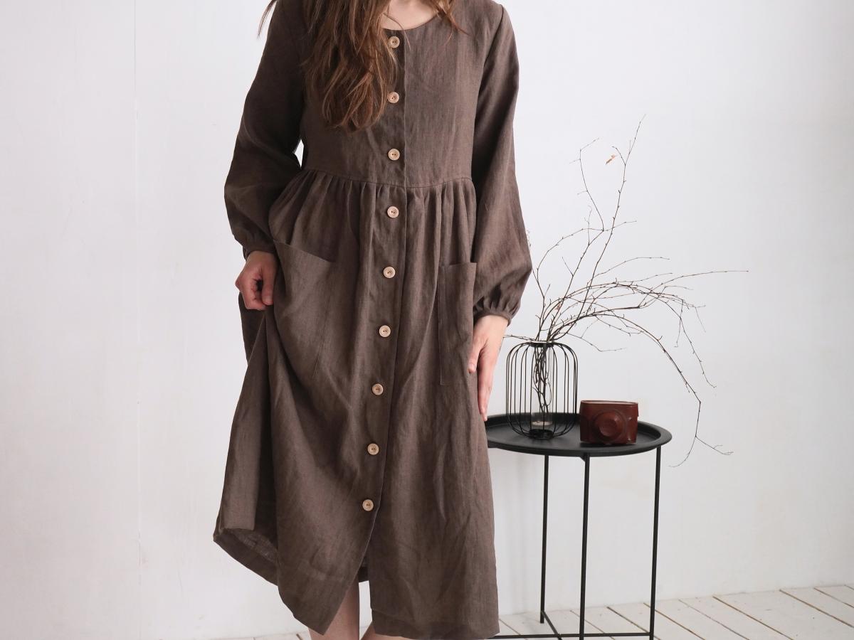 Robe en lin boutonnée à manches longues GEORGINA