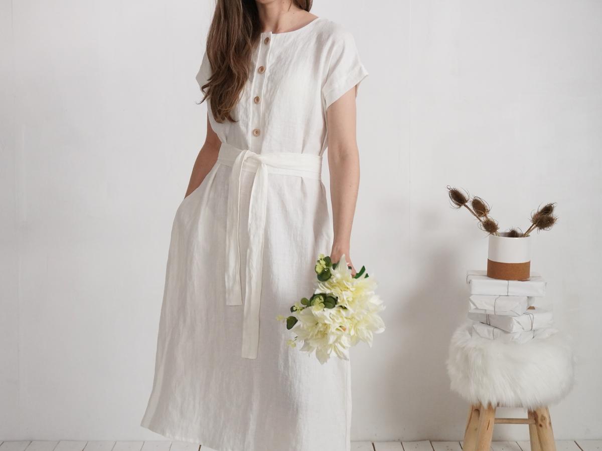 Robe chemise midi de mariée et d’allaitement en lin à ceinture LIMPOPO