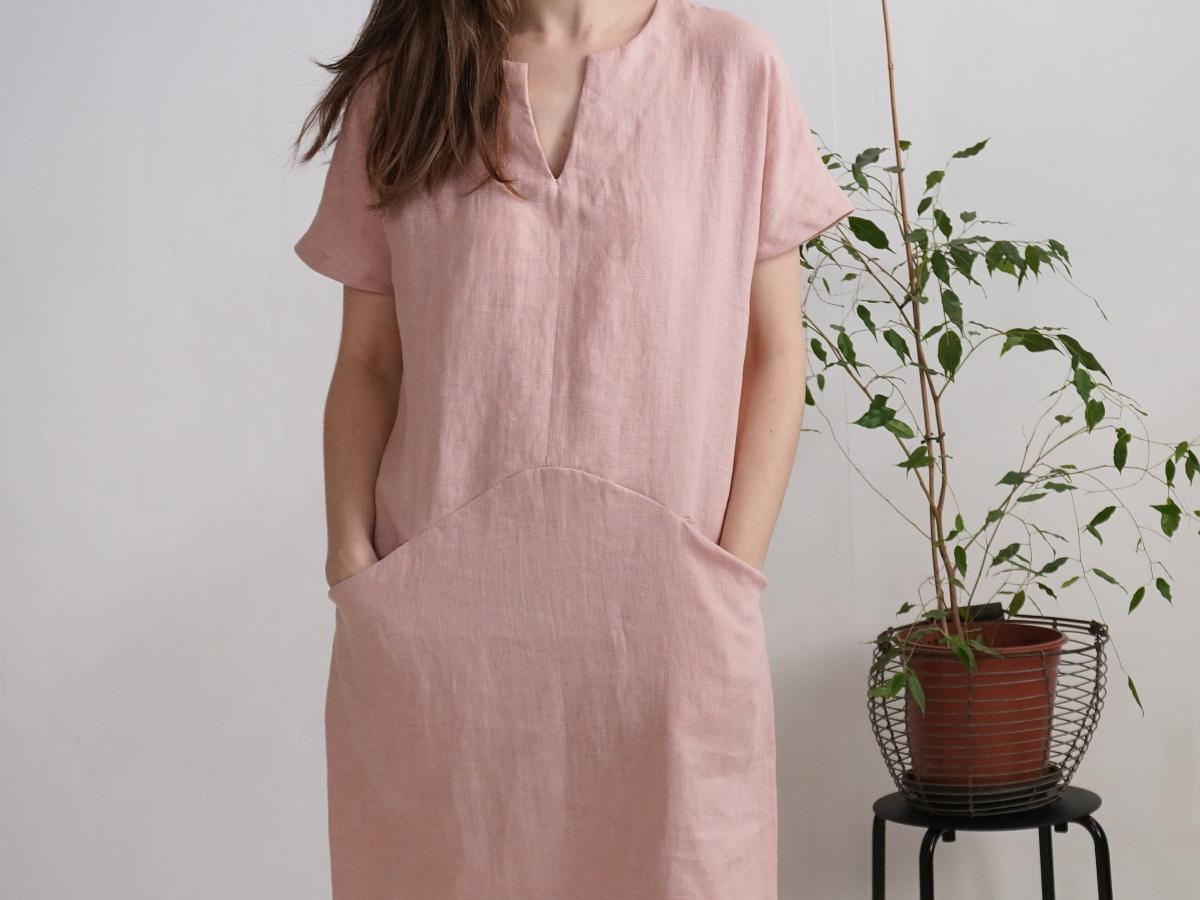Robe de demoiselle d’honneur midi en lin à col V et poches INDUS