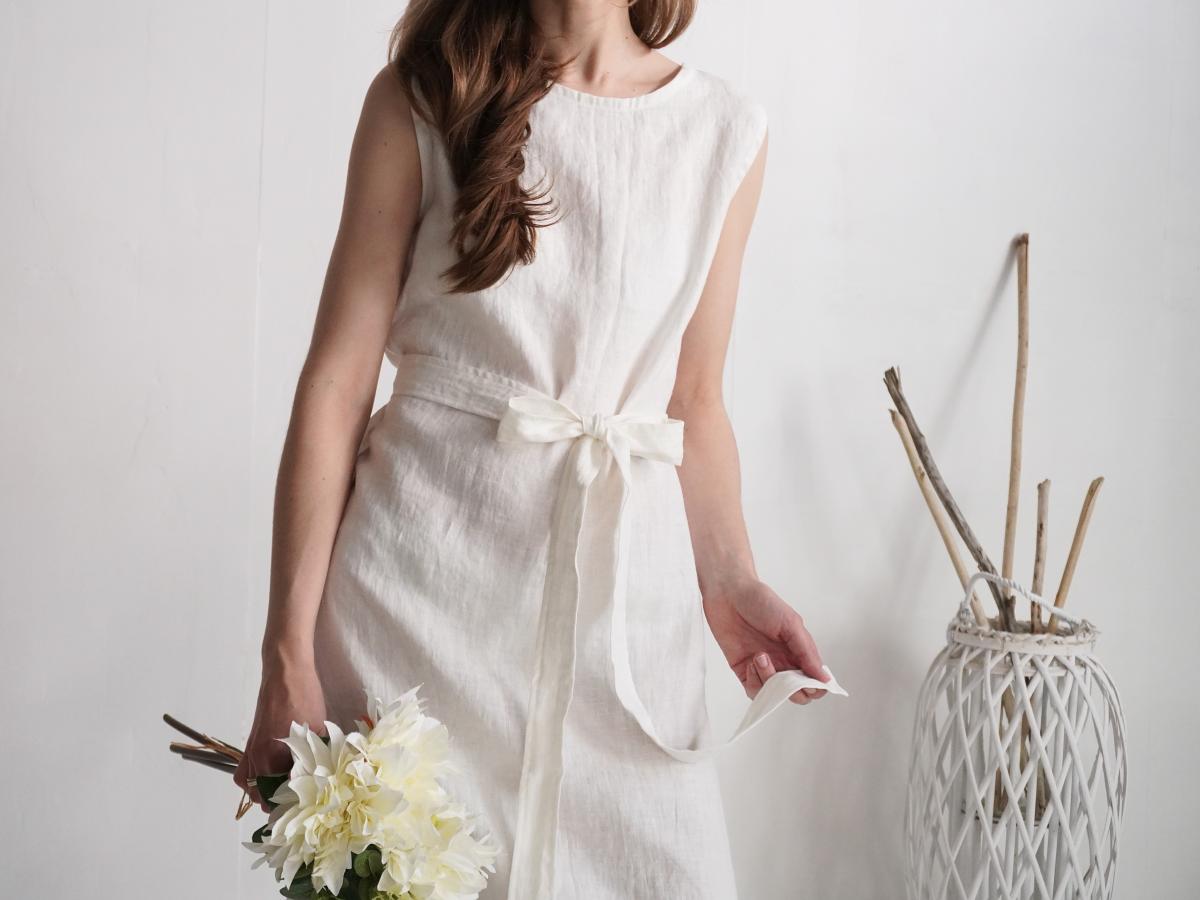 Robe de mariée midi en lin sans manches à ceinture GANGES