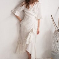 Robe de mariée longue portefeuille en lin à volants BRAZOS