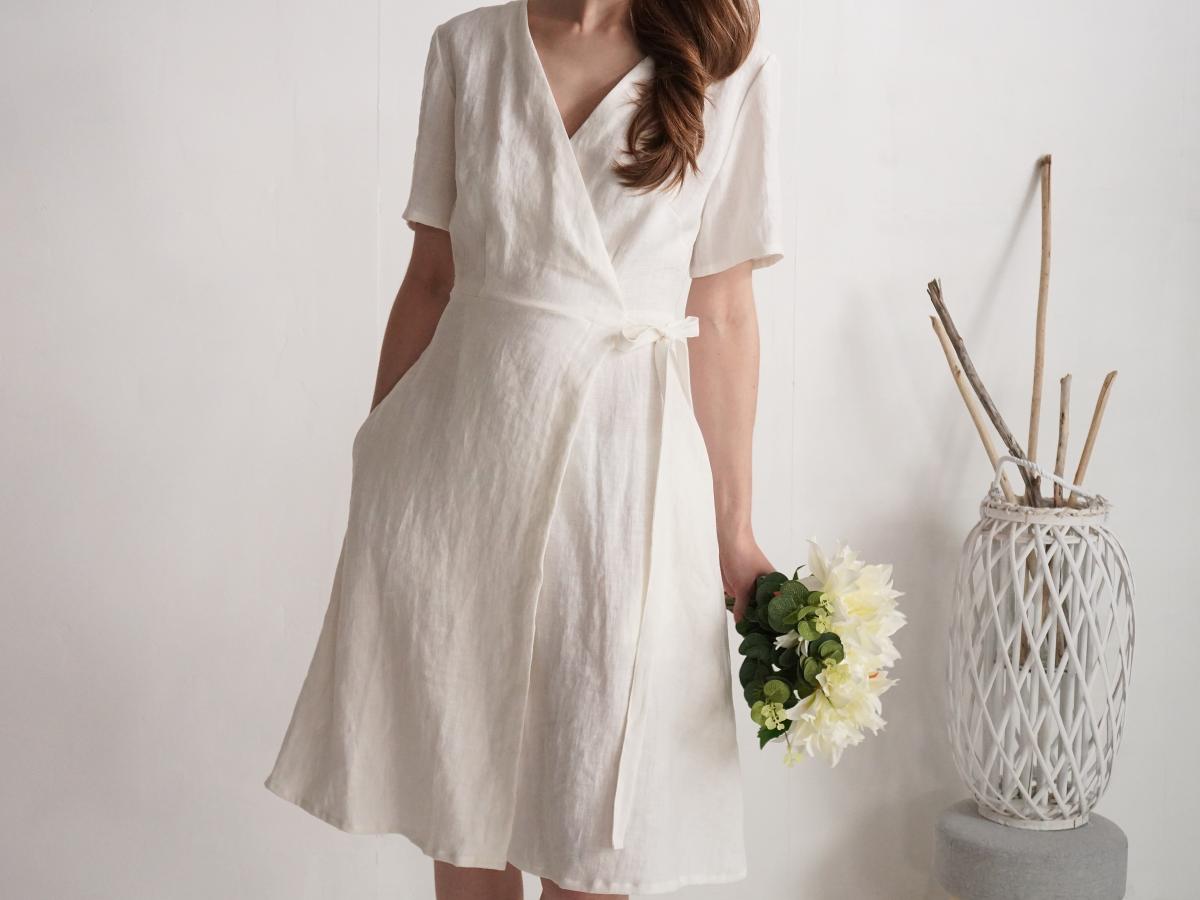 Robe de mariée midi portefeuille en lin MISSOURI