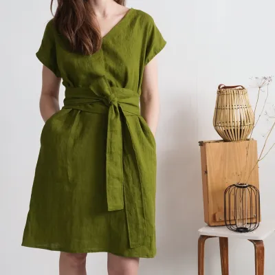 Linen oversized dress with belt, linen v-neck dress - PARAGUAY