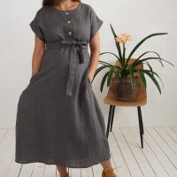 Robe chemise midi de grossesse et d’allaitement en lin à ceinture LIMPOPO
