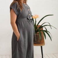 Robe chemise midi de grossesse et d’allaitement en lin à ceinture LIMPOPO