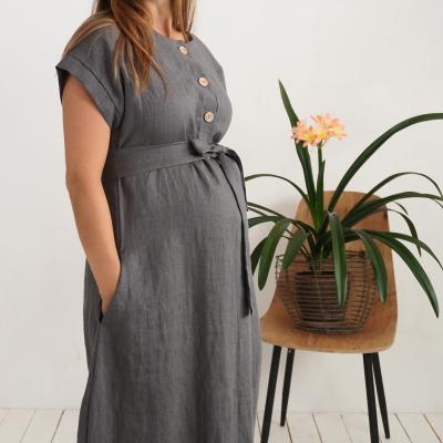 Robe chemise midi de grossesse et d’allaitement en lin à ceinture LIMPOPO