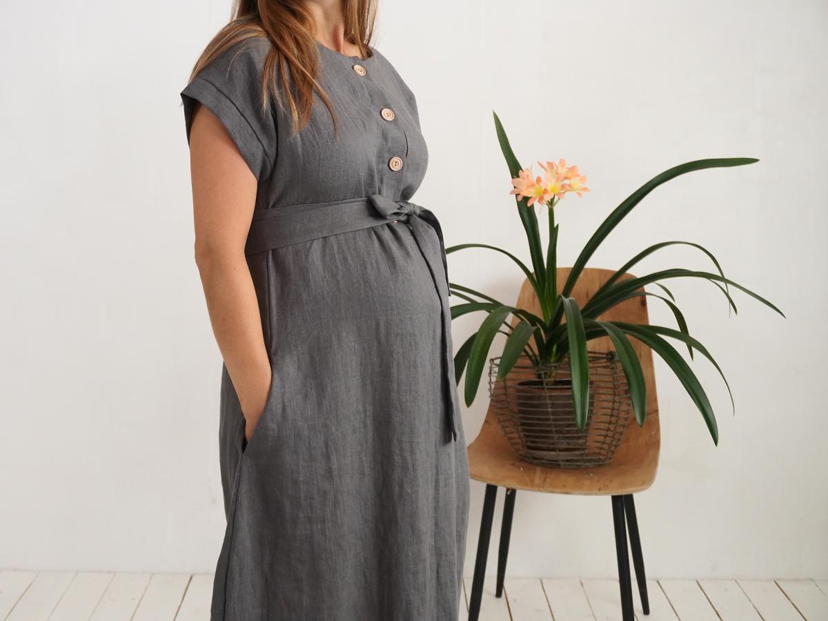 Robe chemise midi de grossesse et d’allaitement en lin à ceinture LIMPOPO