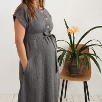Robe chemise midi de grossesse et d’allaitement en lin à ceinture LIMPOPO