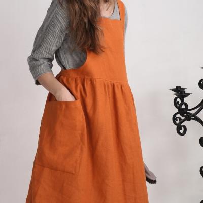 Ruffle pinafore linen apron, natural linen cross back apron with pockets