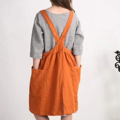 Ruffle pinafore linen apron, natural linen cross back apron with pockets