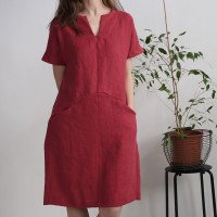 Robe midi en lin à col V et poches INDUS