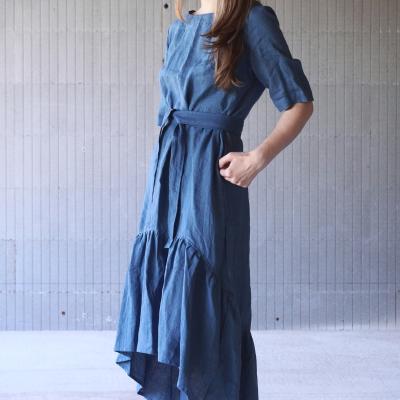 Linen maxi boho dress with longer back and belt - NERIS