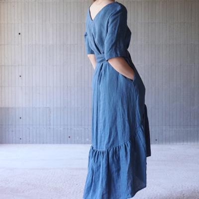 Linen maxi boho dress with longer back and belt - NERIS
