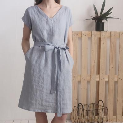 Robe en lin à col V et ceinture DARLING