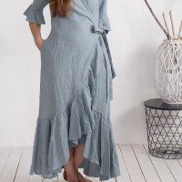 Robe longue portefeuille en lin à volants BRAZOS
