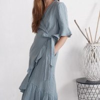 Robe longue portefeuille en lin à volants BRAZOS