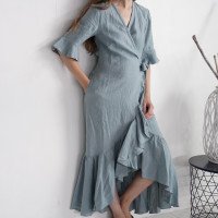 Robe longue portefeuille en lin à volants BRAZOS