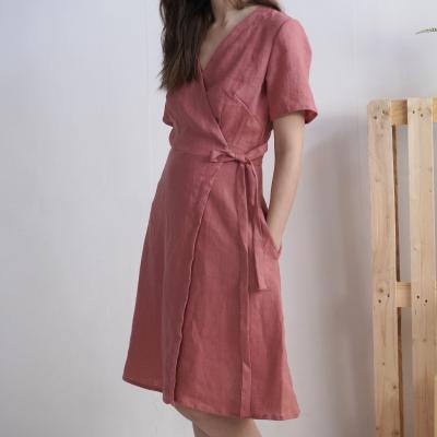Robe de demoiselle d’honneur midi portefeuille en lin MISSOURI