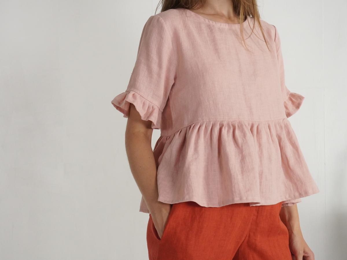Blouse courte en lin à volants RIO