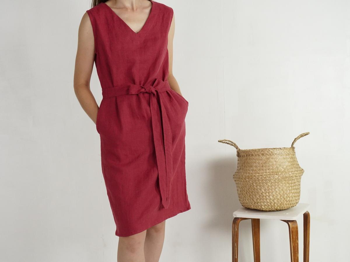 Robe en lin sans manches à col V et ceinture FRASER