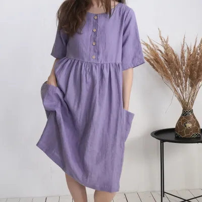 Boho linen dress with square pockets - NARMADA