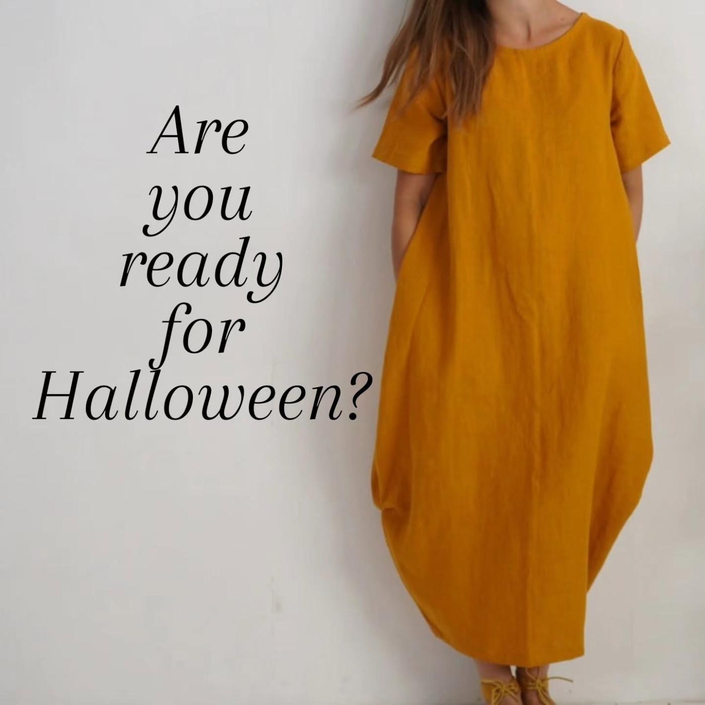 Mustard yellow linen dress with the words “Are you ready for Halloween?”