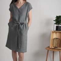 Robe en lin à col V et ceinture DARLING