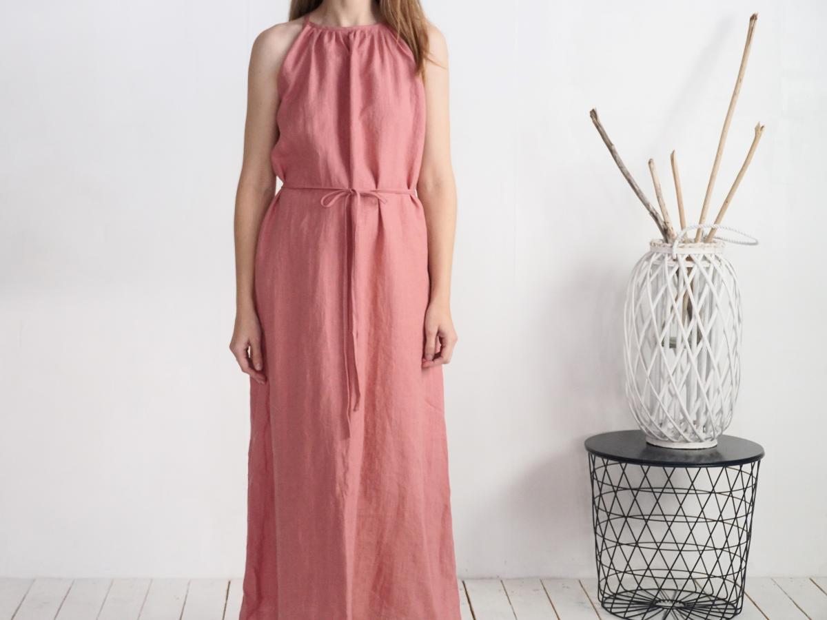 Robe longue en lin à encolure américaine KAPUAS