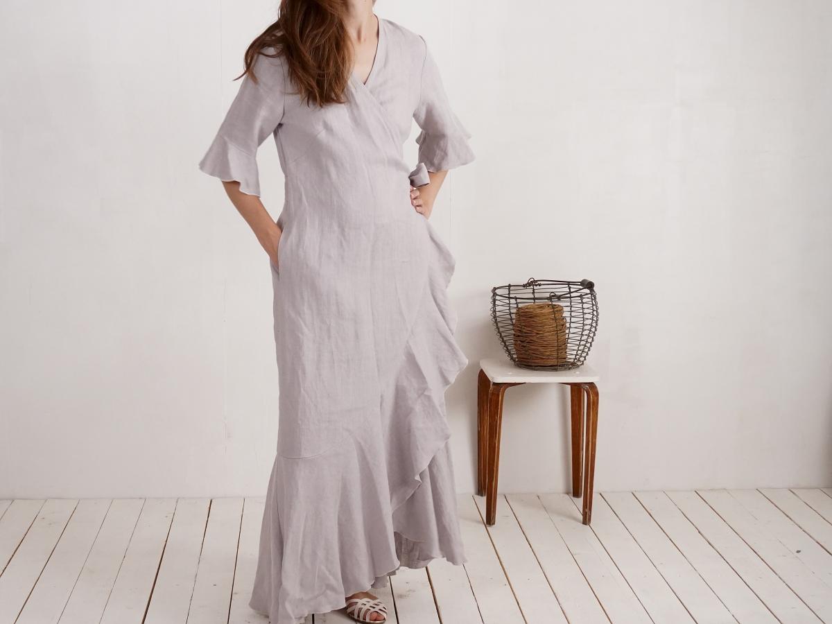 Robe longue portefeuille en lin à volants BRAZOS