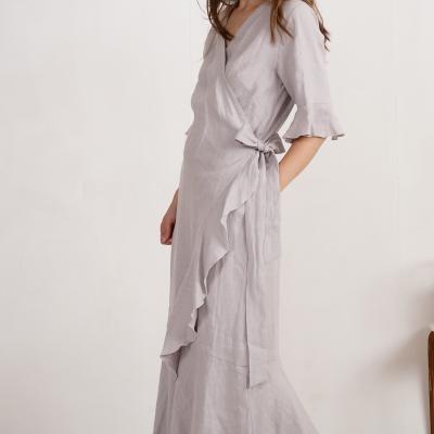 Romantic ruffle linen dress, long wrap dress - BRAZOS