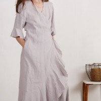 Robe longue portefeuille en lin à volants BRAZOS
