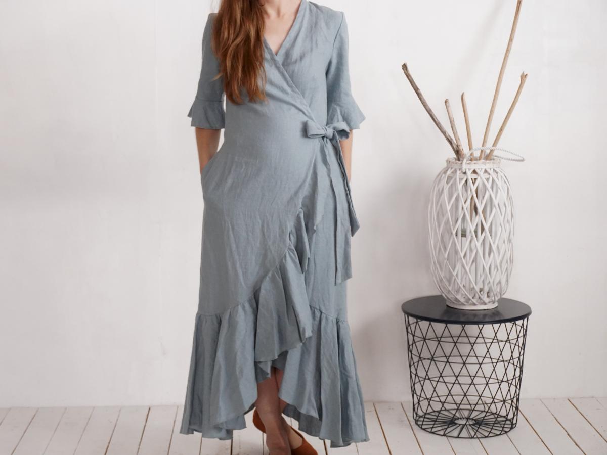 Robe longue portefeuille en lin à volants BRAZOS