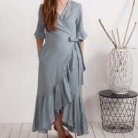 Robe longue portefeuille en lin à volants BRAZOS