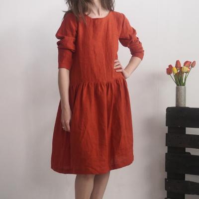 Midi linen dress, long sleeve dress - URUGUAY
