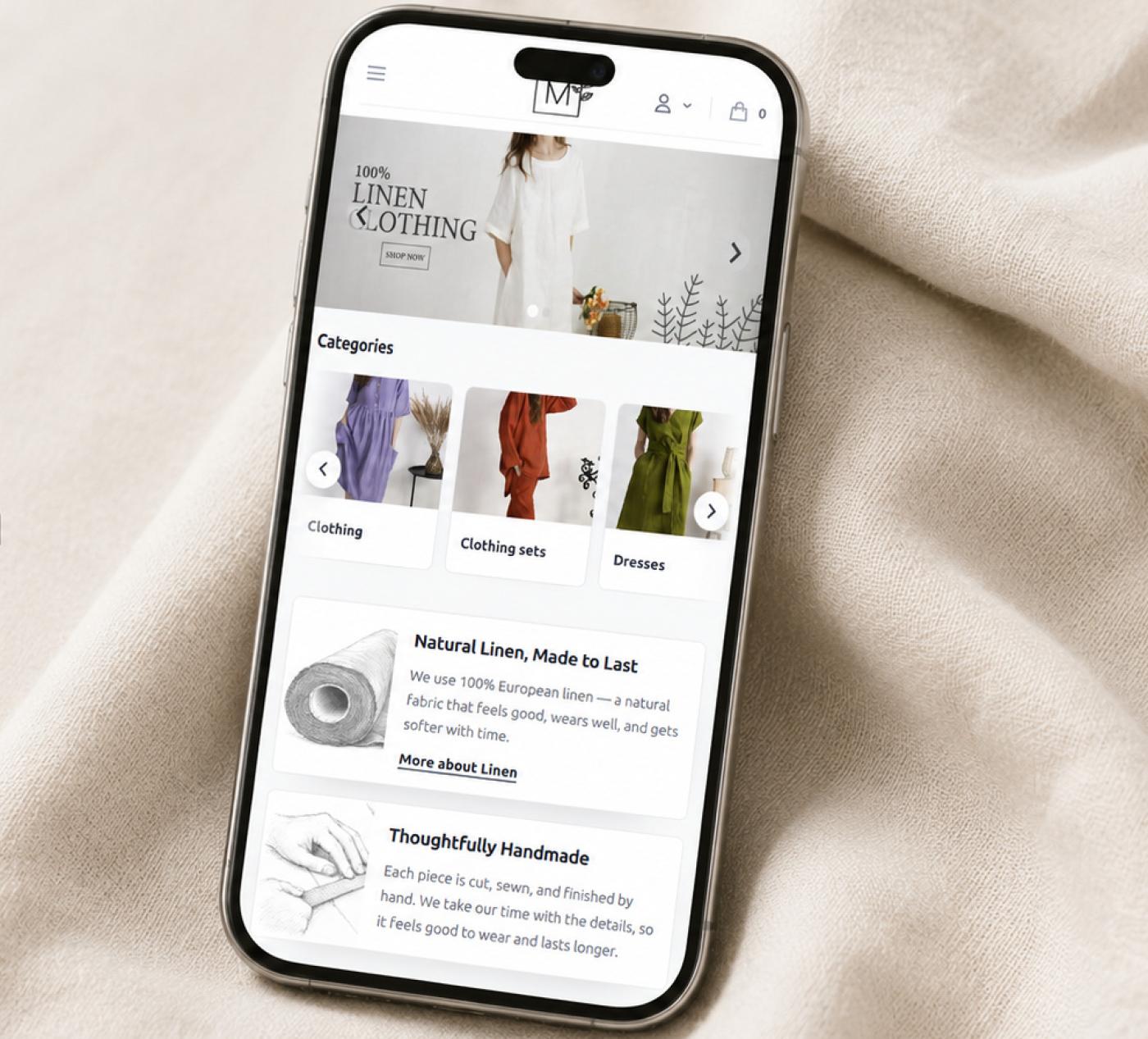 Le site Meetra Linen sur un téléphone portable