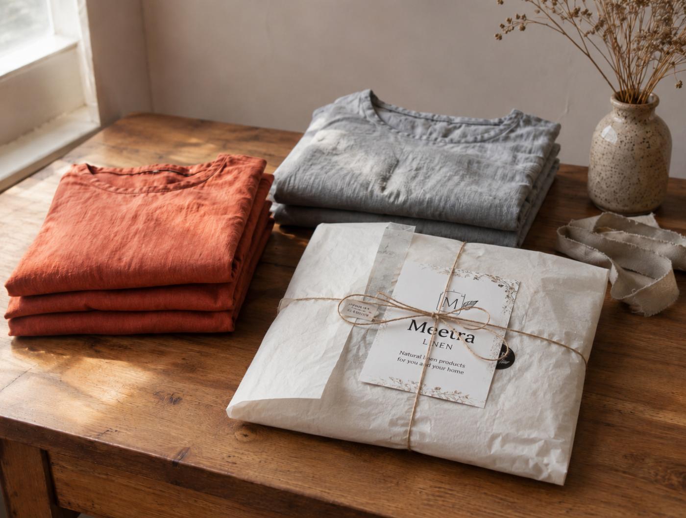 Vêtements en lin lavé prêts à expédier, pliés à la lumière naturelle